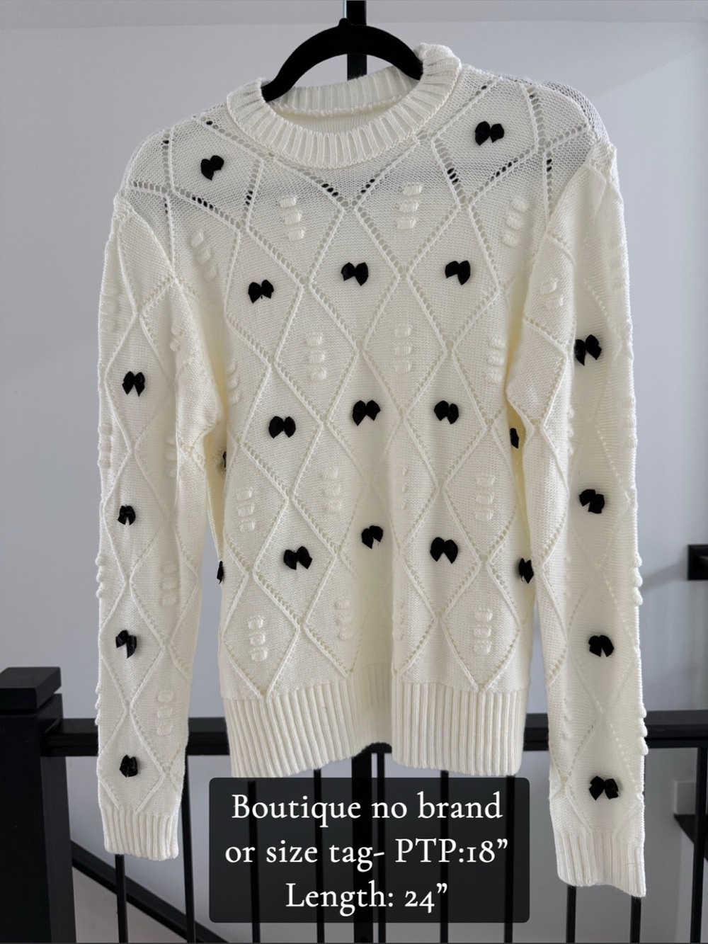 Boutique Ivory Knit Sweater with Black Bow Accents
